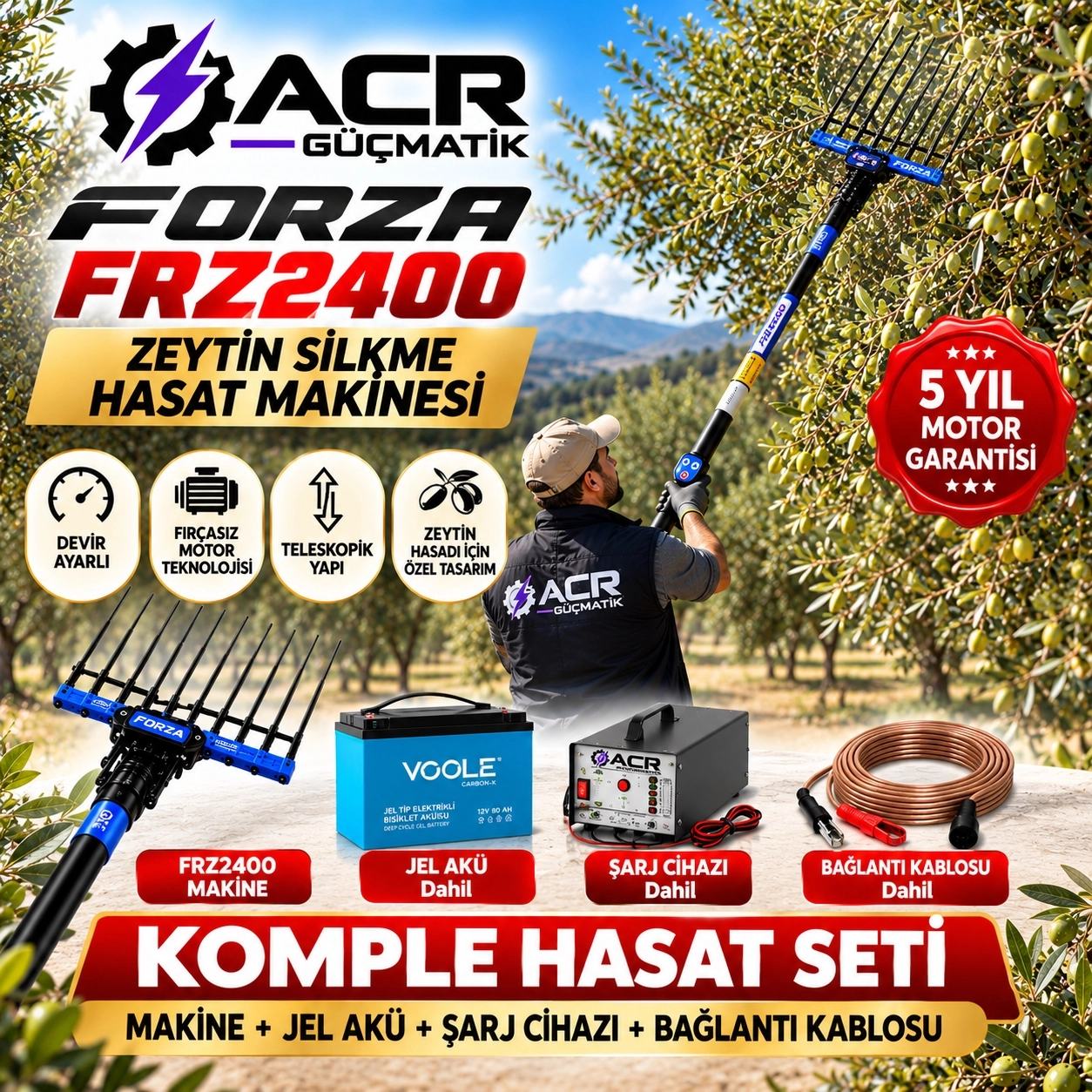 ACR GÜÇMATİK  Forza FRZ2400 Devir Ayarlı Zeytin Silkme ve Hasat Makinesi + Akü Şarj Cihazı + Jel Akü