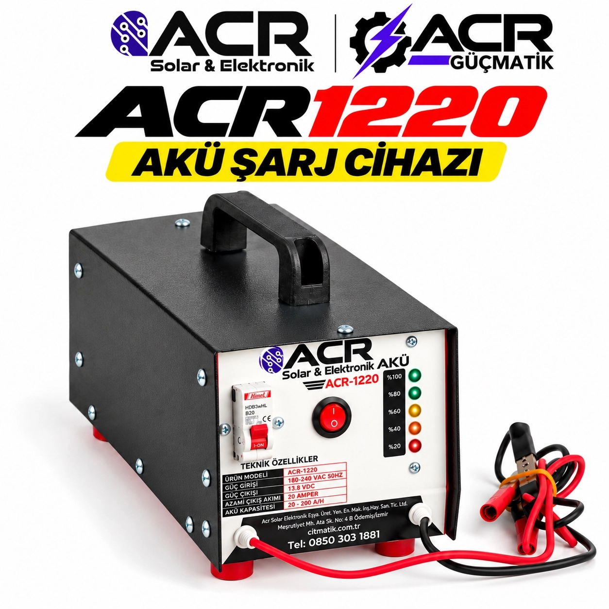 ACR 1220 Akü Şarj Cihazı – 12 Volt – 20 Amper – 20-200 Ah Akülerle Uyumlu Fan soğutmalı 5 yıl Garantili