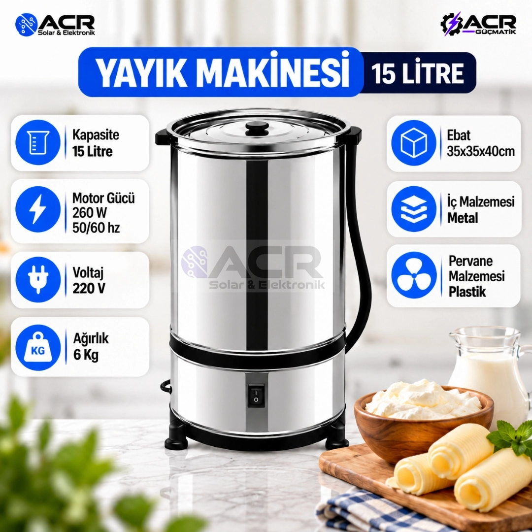 ACR Güçmatik 15 Litre Elektrikli Yayık Makinesi 260 W Metal Hazneli Tereyağı Yapma Makinesi