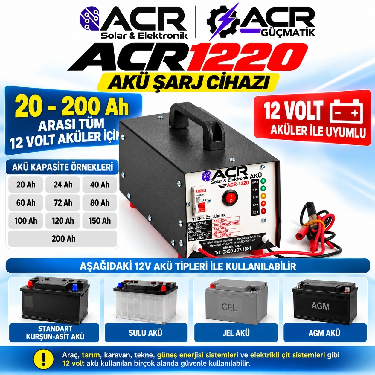 ACR 1220 Akü Şarj Cihazı – 12 Volt – 20 Amper – 20-200 Ah Akülerle Uyumlu Fan soğutmalı 5 yıl Garantili