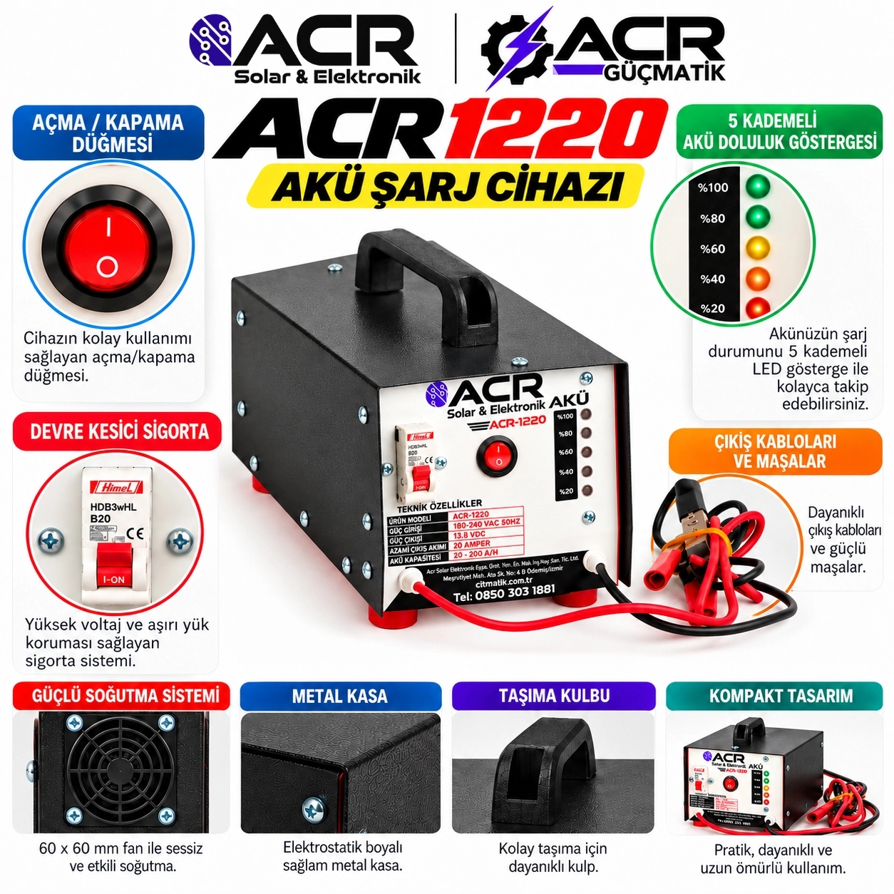 ACR 1220 Akü Şarj Cihazı – 12 Volt – 20 Amper – 20-200 Ah Akülerle Uyumlu Fan soğutmalı 5 yıl Garantili
