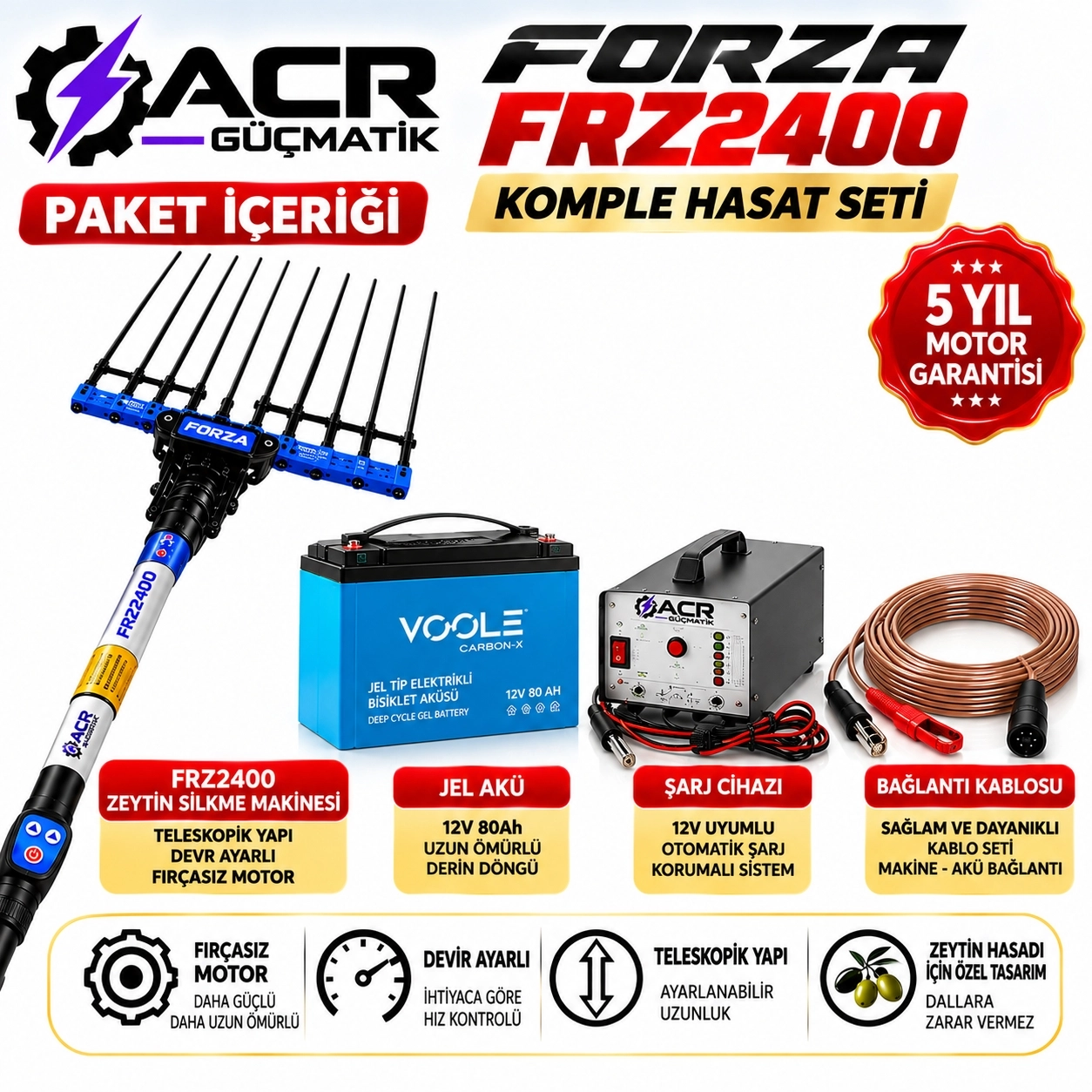 ACR GÜÇMATİK  Forza FRZ2400 Devir Ayarlı Zeytin Silkme ve Hasat Makinesi + Akü Şarj Cihazı + Jel Akü