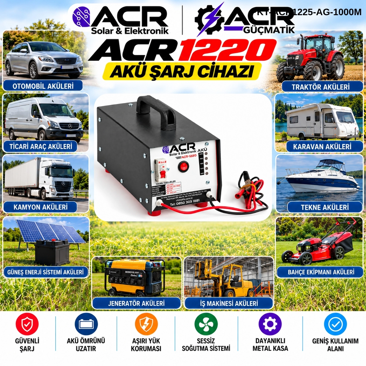 ACR 1220 Akü Şarj Cihazı – 12 Volt – 20 Amper – 20-200 Ah Akülerle Uyumlu Fan soğutmalı 5 yıl Garantili