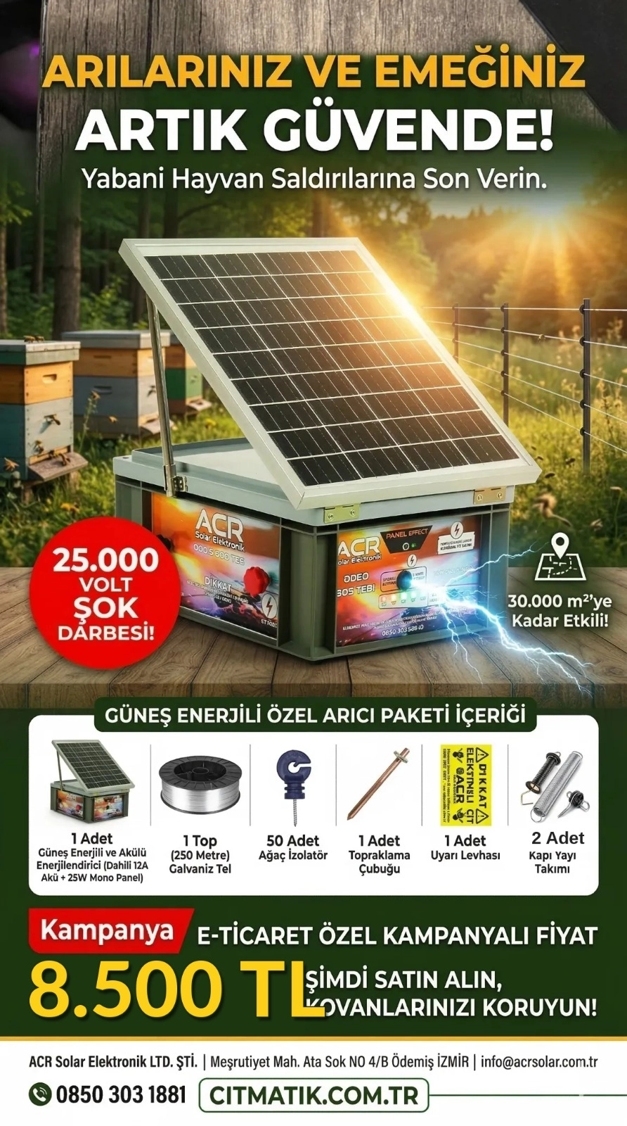 ACR Arıcı Özel Çit Paketi Güneş Panelli Kompakt Elektrikli Çit 