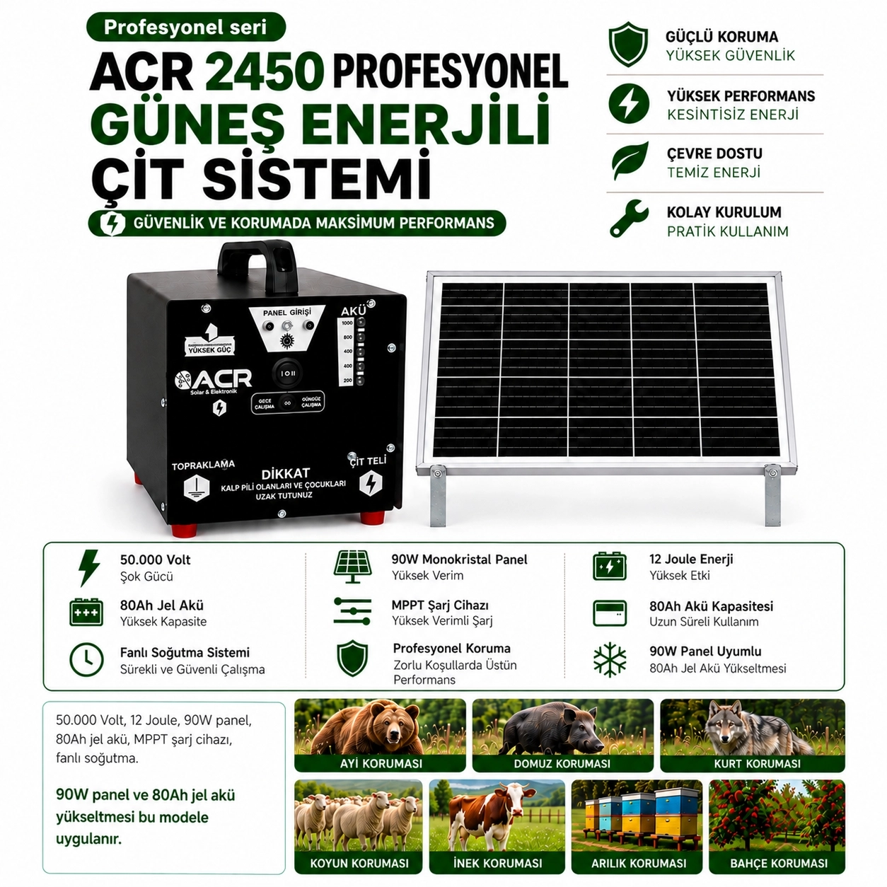 ACR2450 PLUS Akülü Güneş Enerjili Elektrikli Çit Sistemi 90W Panel 80Ah jel akülü Gece/Gündüz Modlu