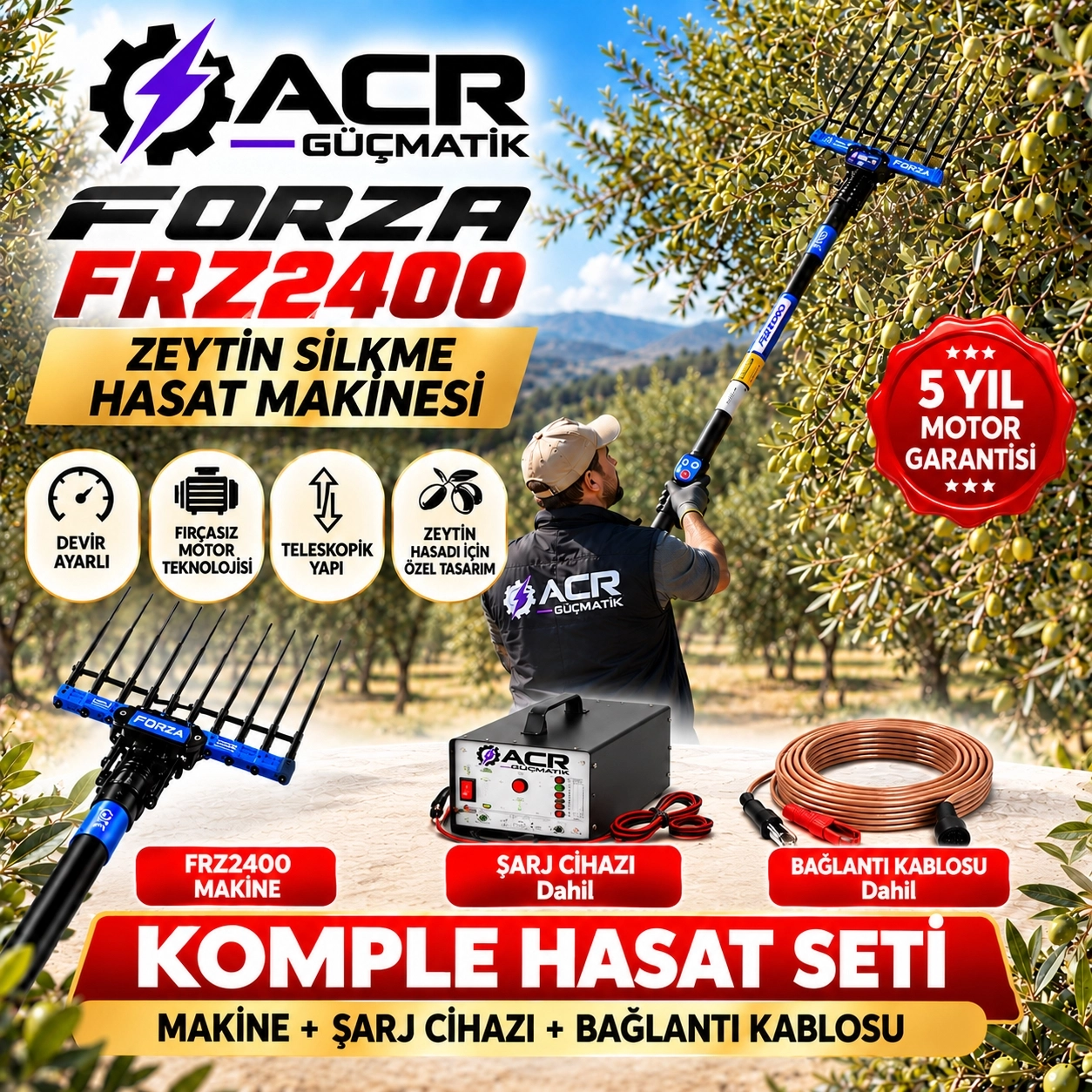 ACR GÜÇMATİK Forza FRZ2400 Teleskopik Devir Ayarlı Zeytin Hasat Makinesi + 20A Şarj Cihazı – Akü Hariç