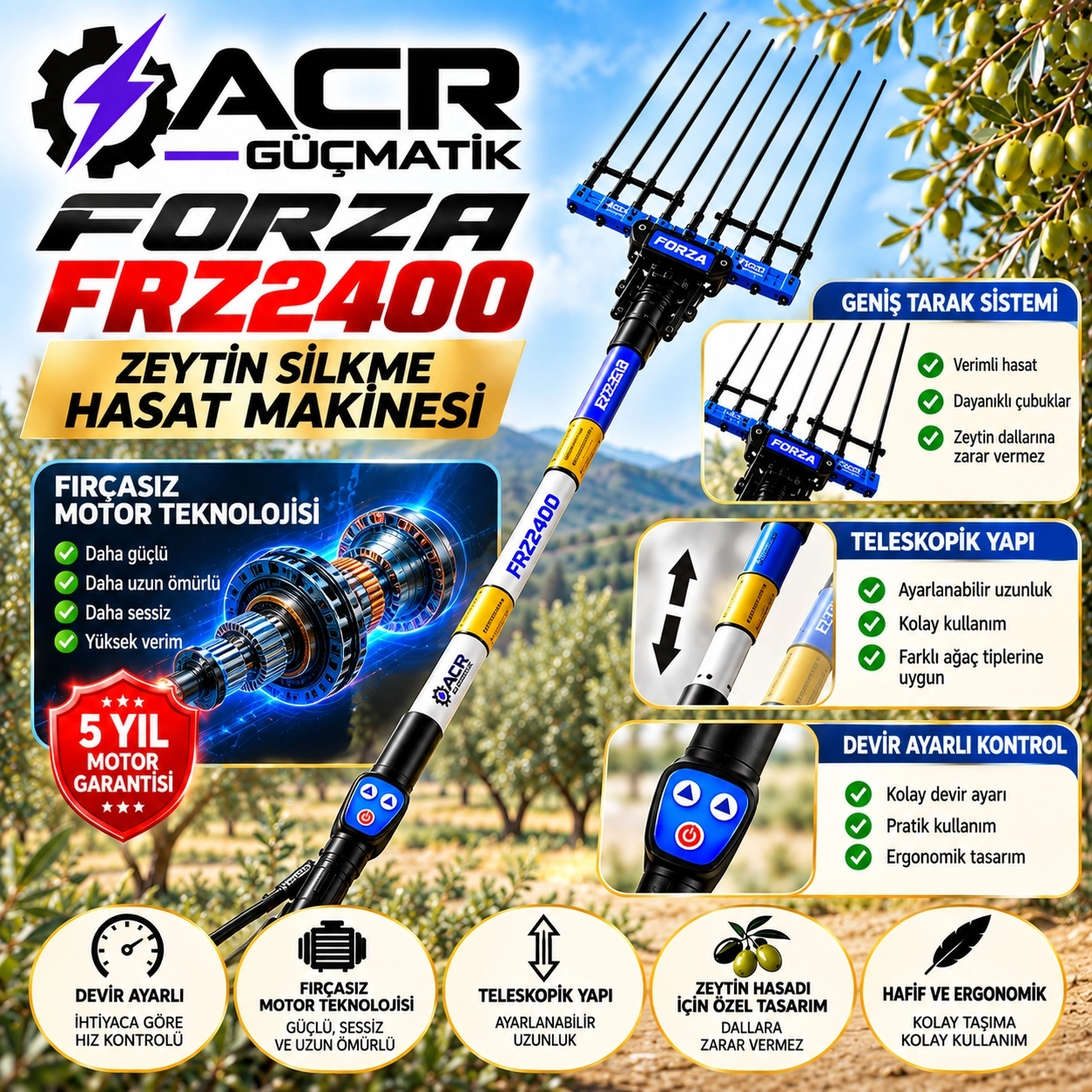 ACR GÜÇMATİK Forza FRZ2400 Teleskopik Devir Ayarlı Zeytin Hasat Makinesi + 20A Şarj Cihazı – Akü Hariç