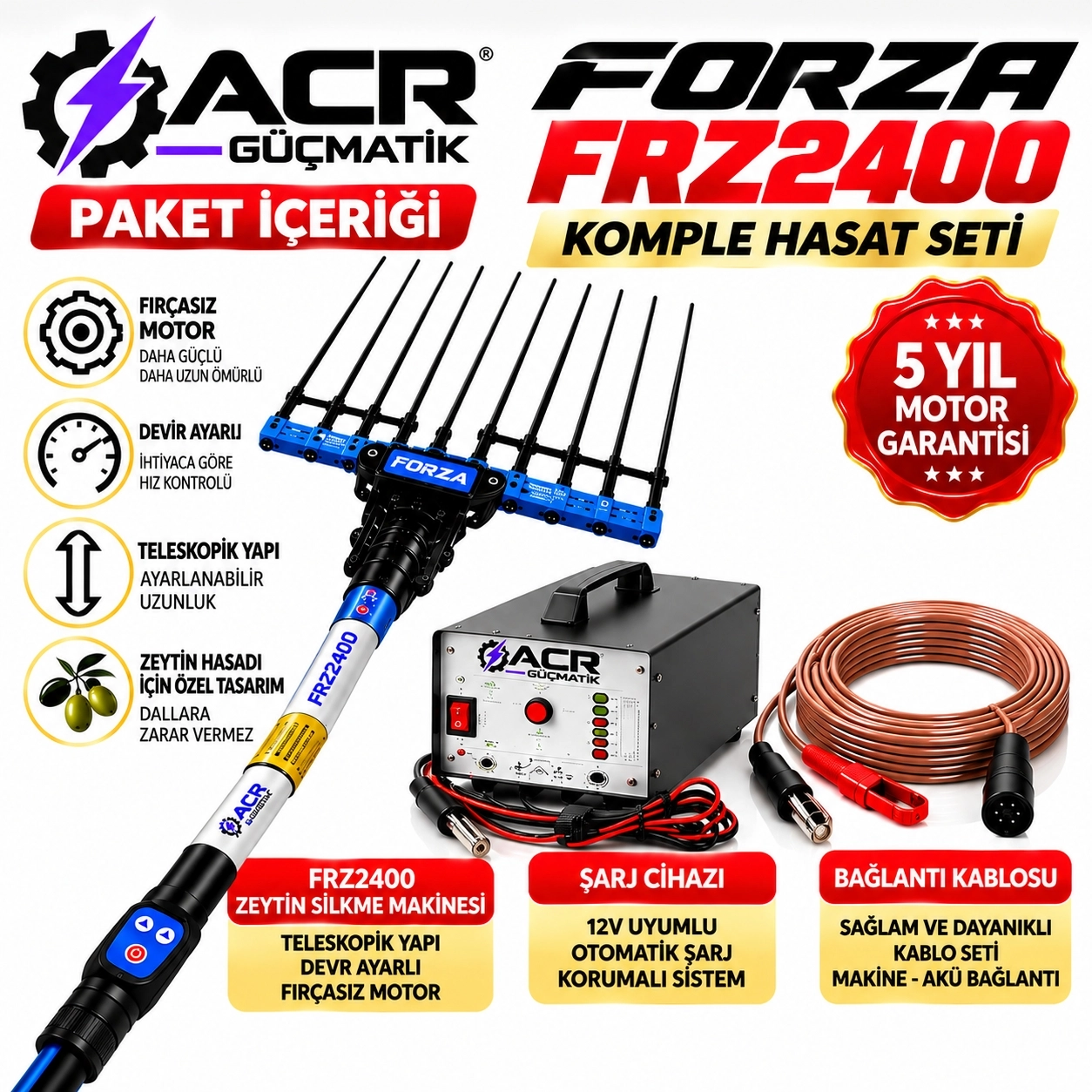 ACR GÜÇMATİK Forza FRZ2400 Teleskopik Devir Ayarlı Zeytin Hasat Makinesi + 20A Şarj Cihazı – Akü Hariç