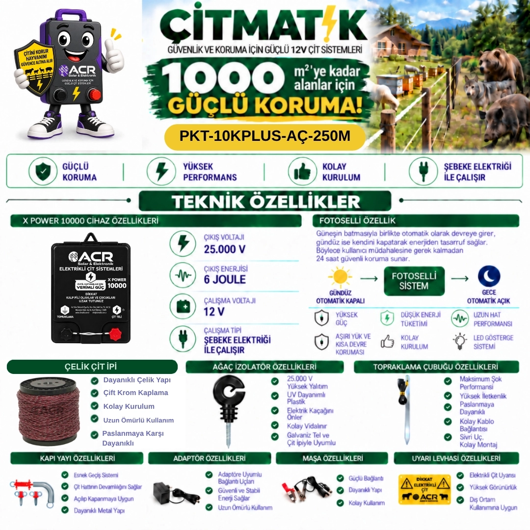 XPower 10KP | 1000 m² ye kadar elektrikli çit paketi | Ağaç İzolatörlü | Çelik Telli