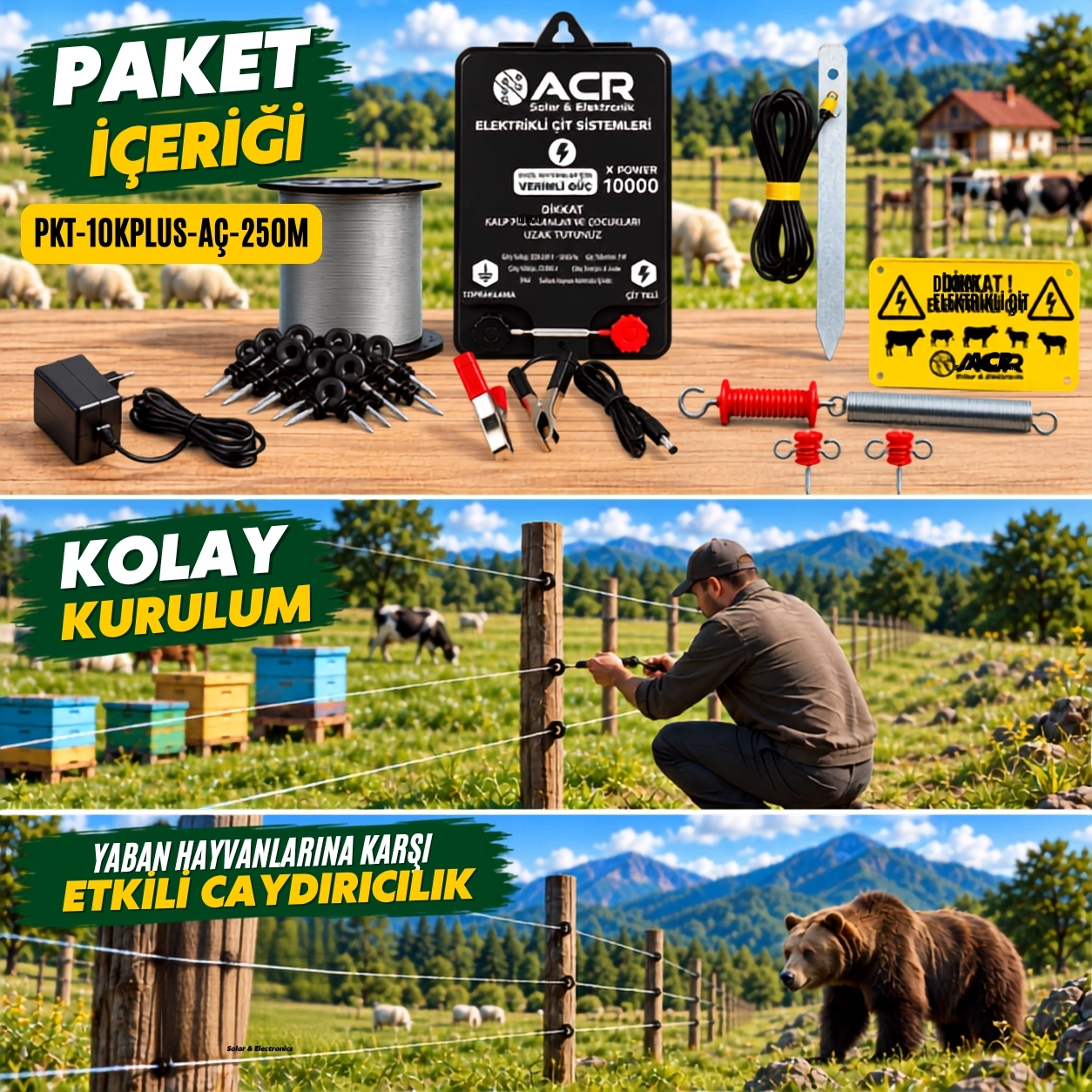 XPower 10KP | 1000 m² ye kadar elektrikli çit paketi | Ağaç İzolatörlü | Çelik Telli