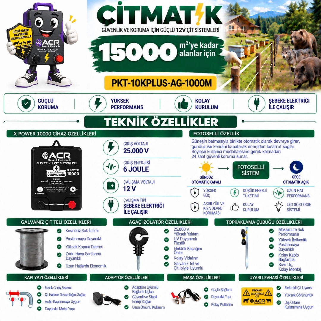XPower 10KP | 15000 m² ye kadar elektrikli çit paketi | Ağaç İzolatörlü | Galvaniz Telli