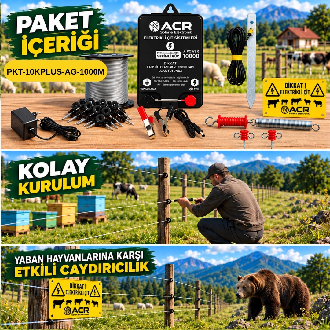XPower 10KP | 15000 m² ye kadar elektrikli çit paketi | Ağaç İzolatörlü | Galvaniz Telli