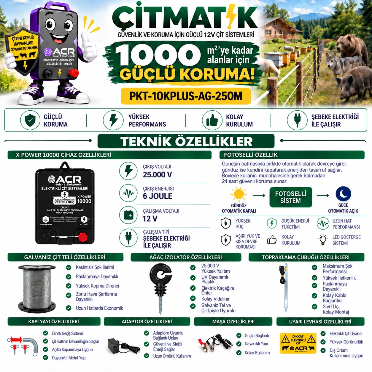 XPower 10KP | 1000 m² ye kadar elektrikli çit paketi | Ağaç İzolatörlü | Galvaniz Telli