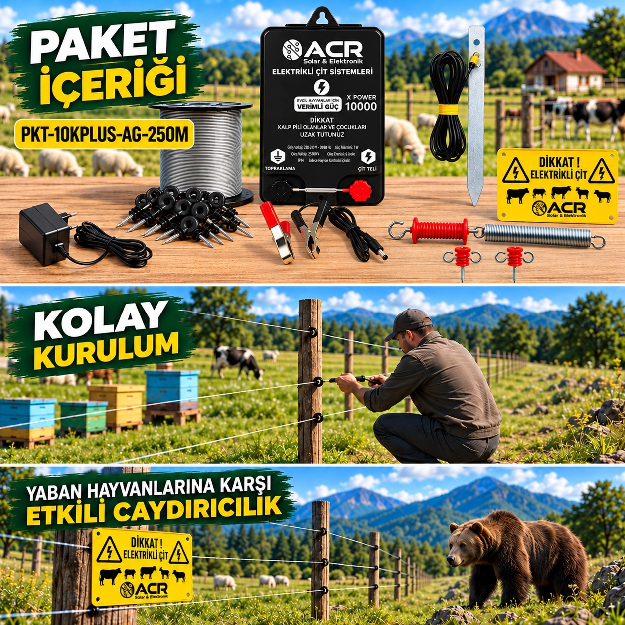 XPower 10KP | 1000 m² ye kadar elektrikli çit paketi | Ağaç İzolatörlü | Galvaniz Telli