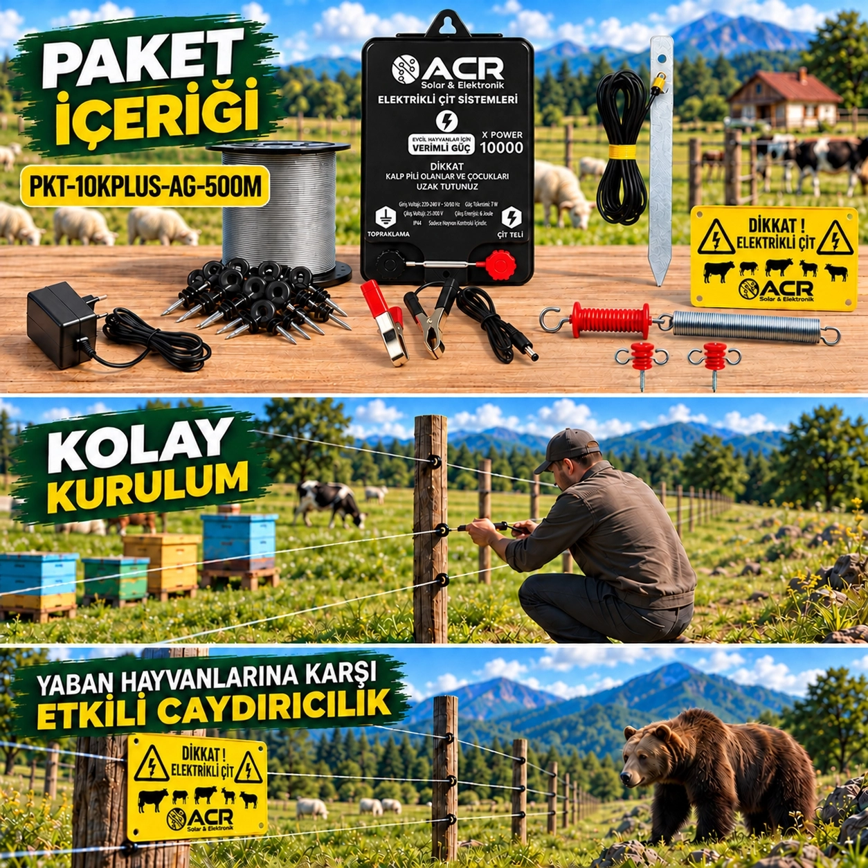 XPower 10KP | 4000 m² ye kadar elektrikli çit paketi | Ağaç İzolatörlü | Galvaniz Telli