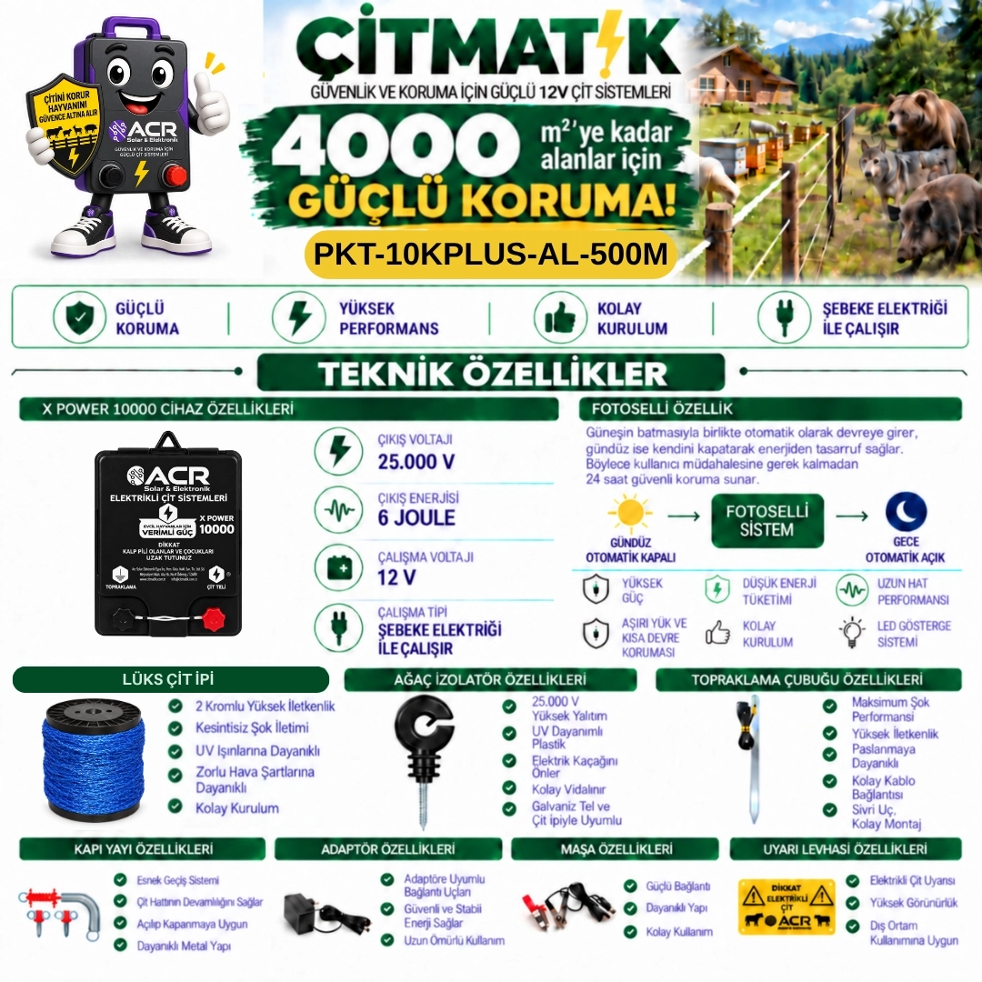 XPower 10KP | 4000 m² ye kadar elektrikli çit paketi | Ağaç İzolatörlü | LüksTelli