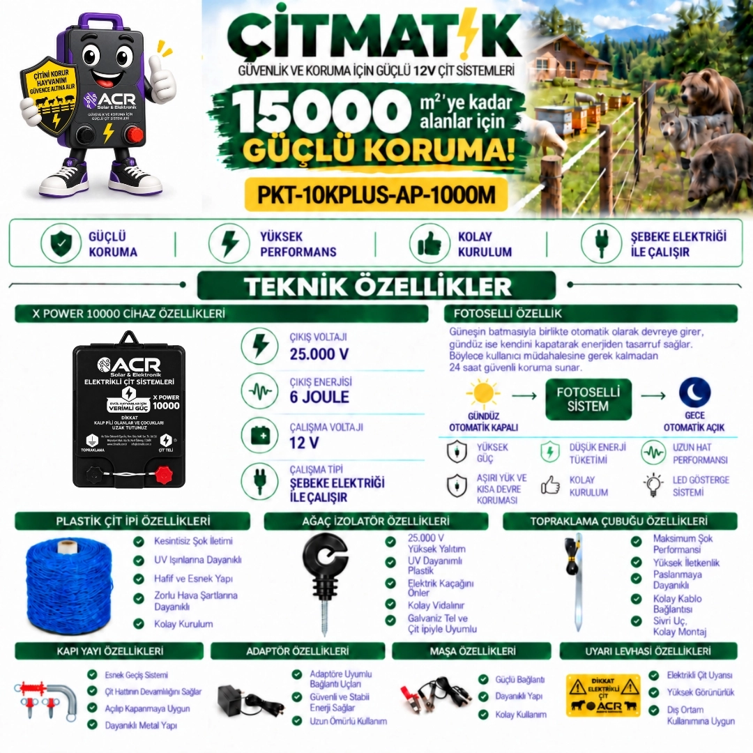 XPower 10KP | 15000 m² ye kadar elektrikli çit paketi | Ağaç İzolatörlü | PlastikTelli
