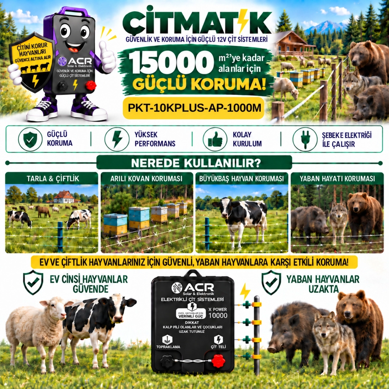 XPower 10KP | 15000 m² ye kadar elektrikli çit paketi | Ağaç İzolatörlü | PlastikTelli