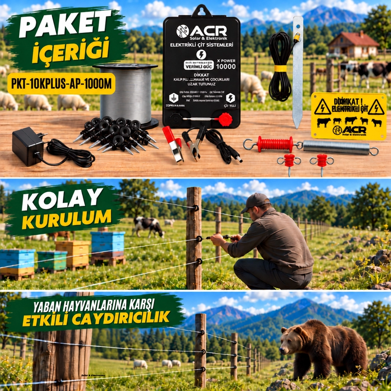 XPower 10KP | 15000 m² ye kadar elektrikli çit paketi | Ağaç İzolatörlü | PlastikTelli
