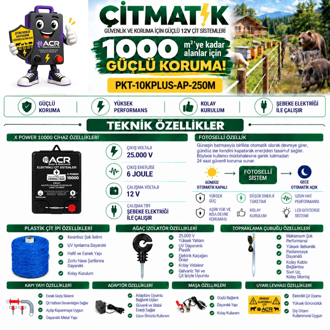 XPower 10KP | 1000 m² ye kadar elektrikli çit paketi | Ağaç İzolatörlü | PlastikTelli