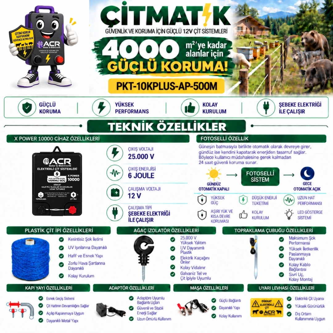 XPower 10KP | 4000 m² ye kadar elektrikli çit paketi | Ağaç İzolatörlü | PlastikTelli