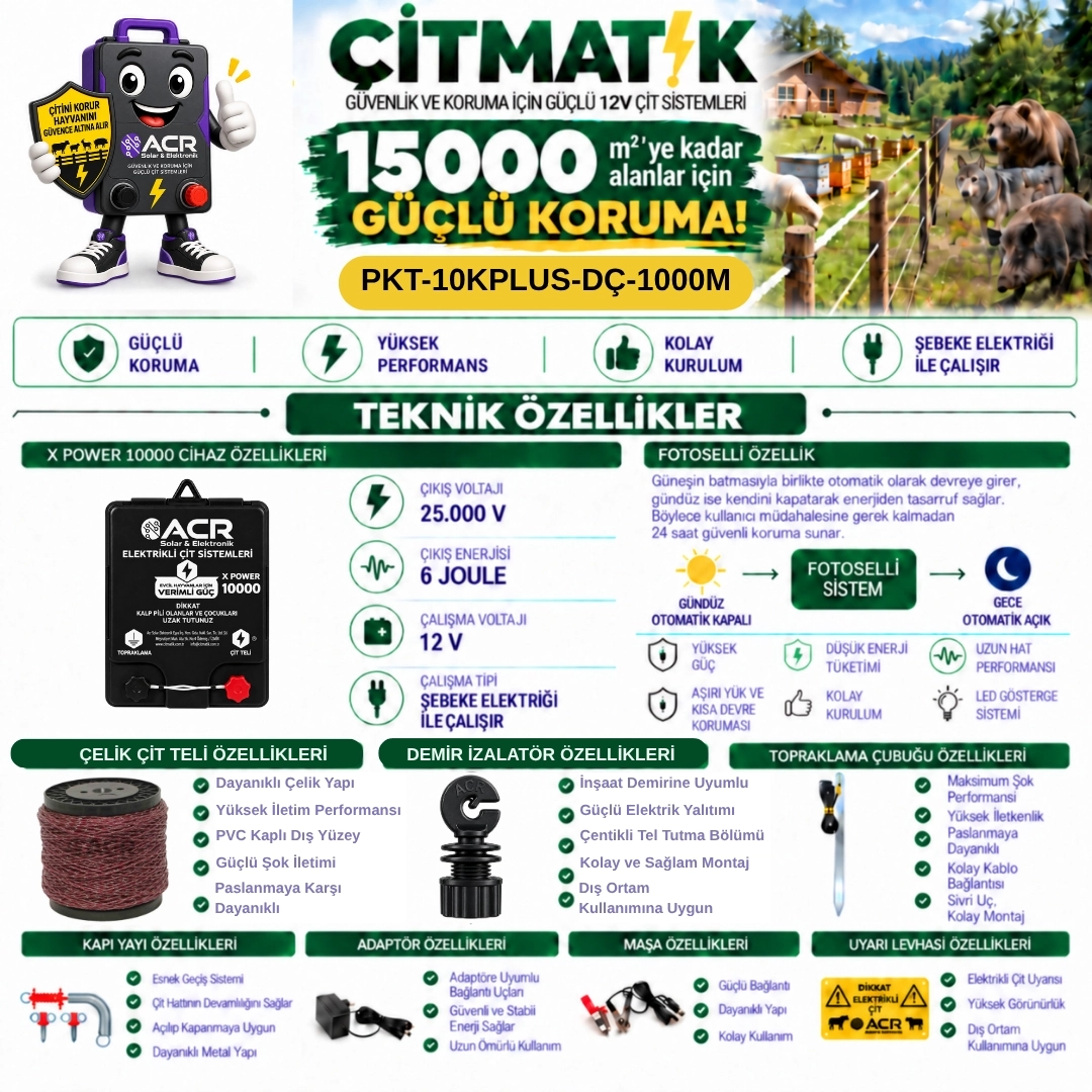 XPower 10KP | 15000 m² ye kadar elektrikli çit paketi | Demir İzolatörlü | Çelik Telli