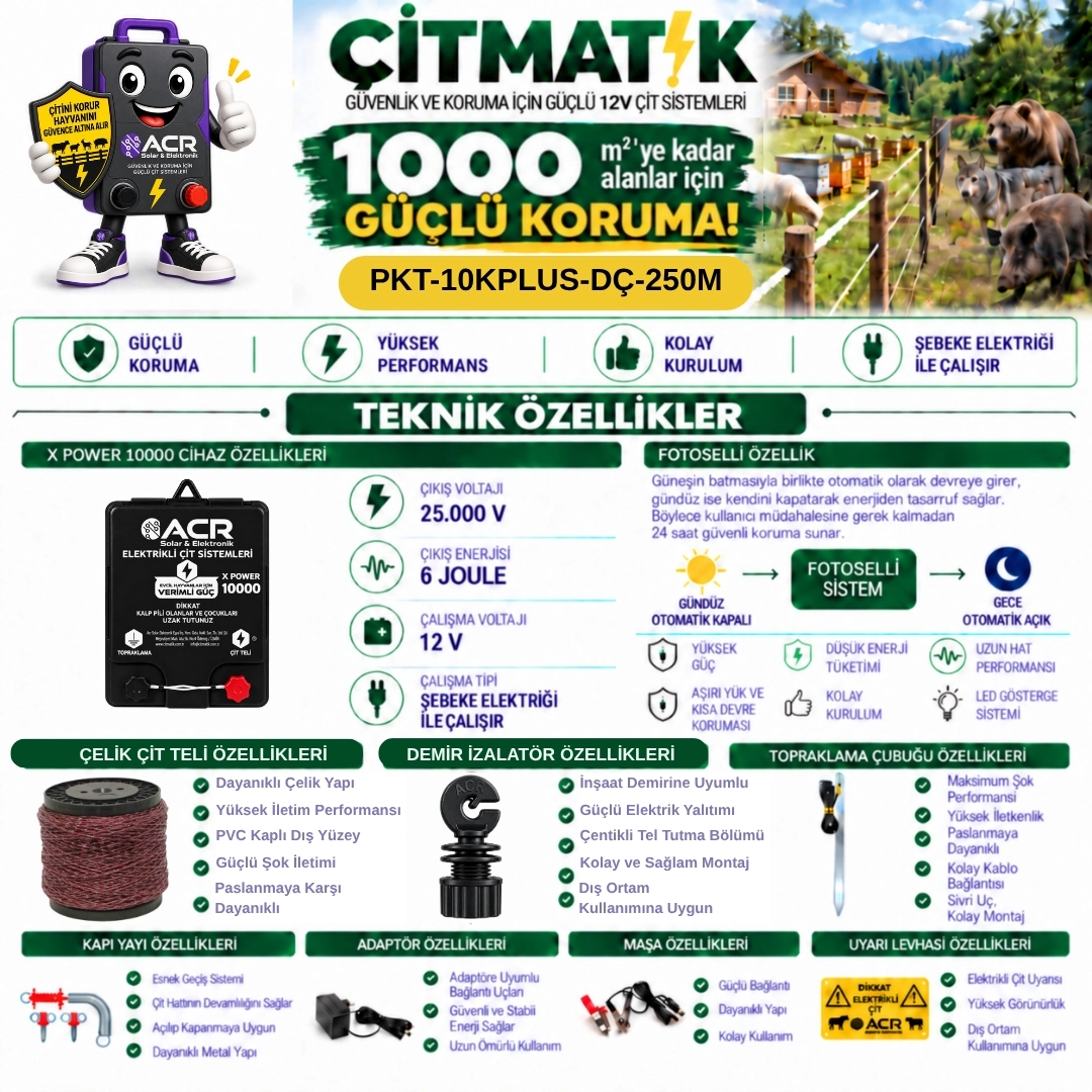 XPower 10KP | 1000 m² ye kadar elektrikli çit paketi | Demir İzolatörlü | Çelik Telli