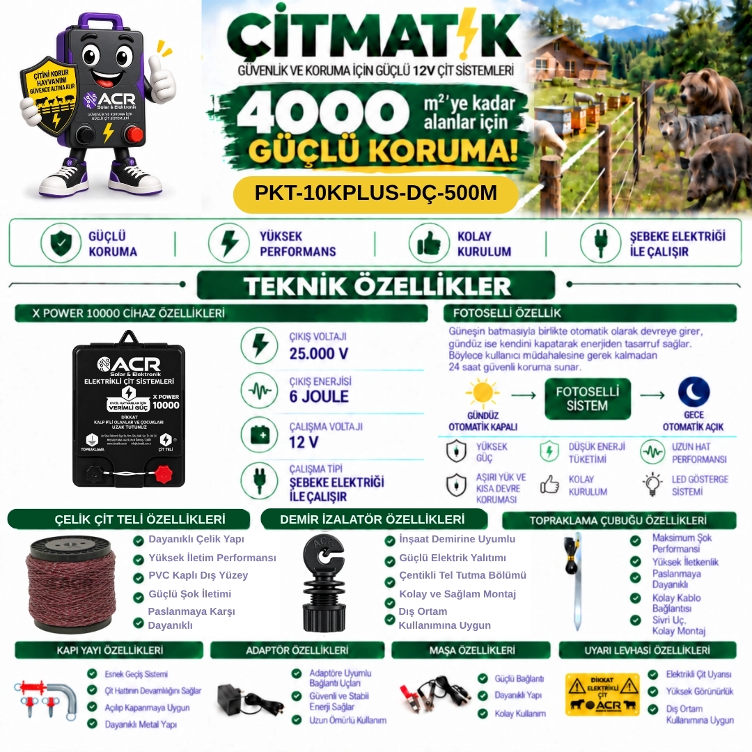 XPower 10KP | 4000 m² ye kadar elektrikli çit paketi | Demir İzolatörlü | Çelik Telli