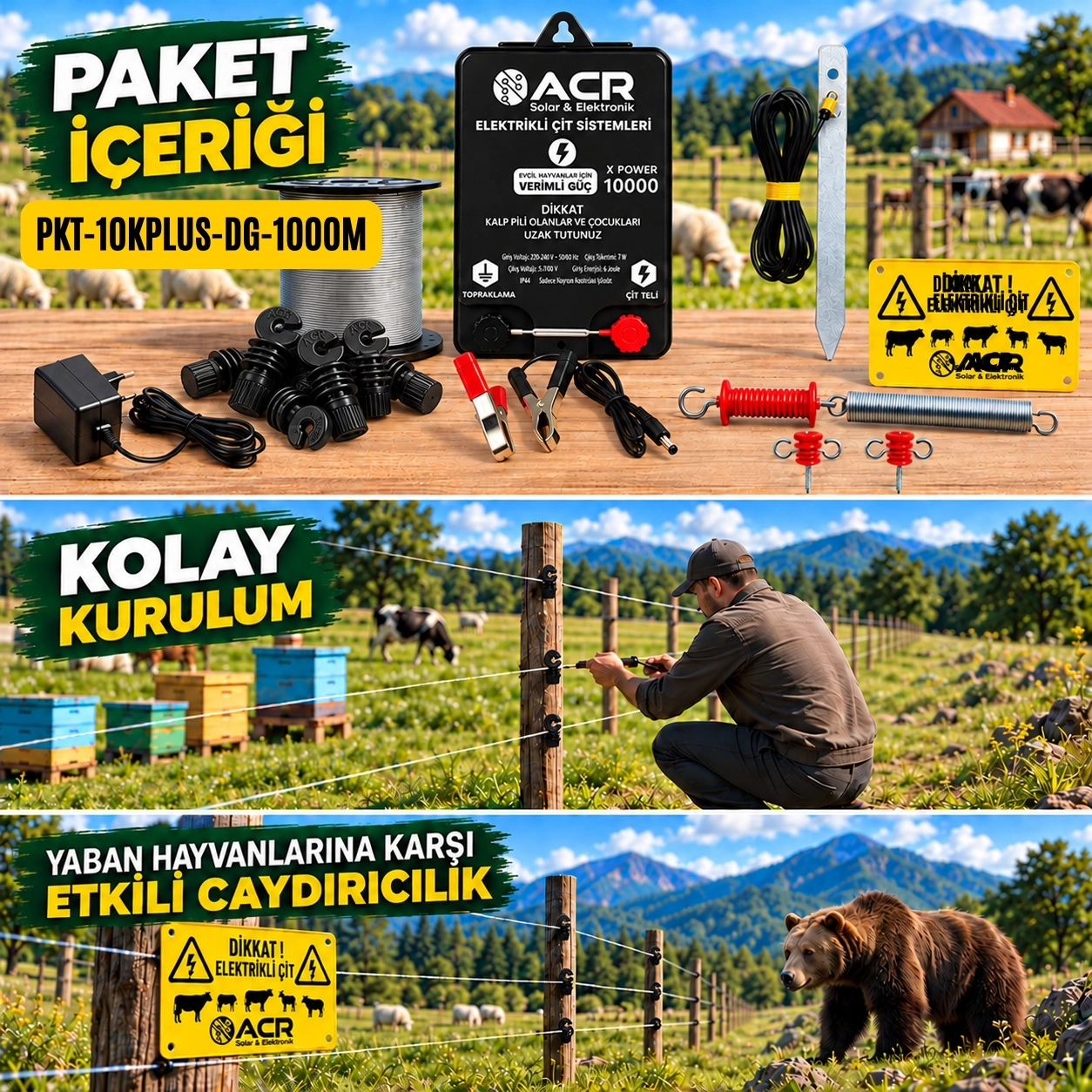 XPower 10KP | 15000 m² ye kadar elektrikli çit paketi | Demir İzolatörlü | Galvaniz Telli  