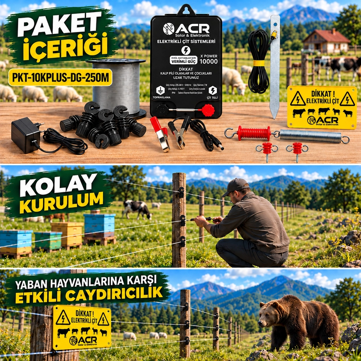 XPower 10KP | 1000 m² ye kadar elektrikli çit paketi | Demir İzolatörlü | Galvaniz Telli
