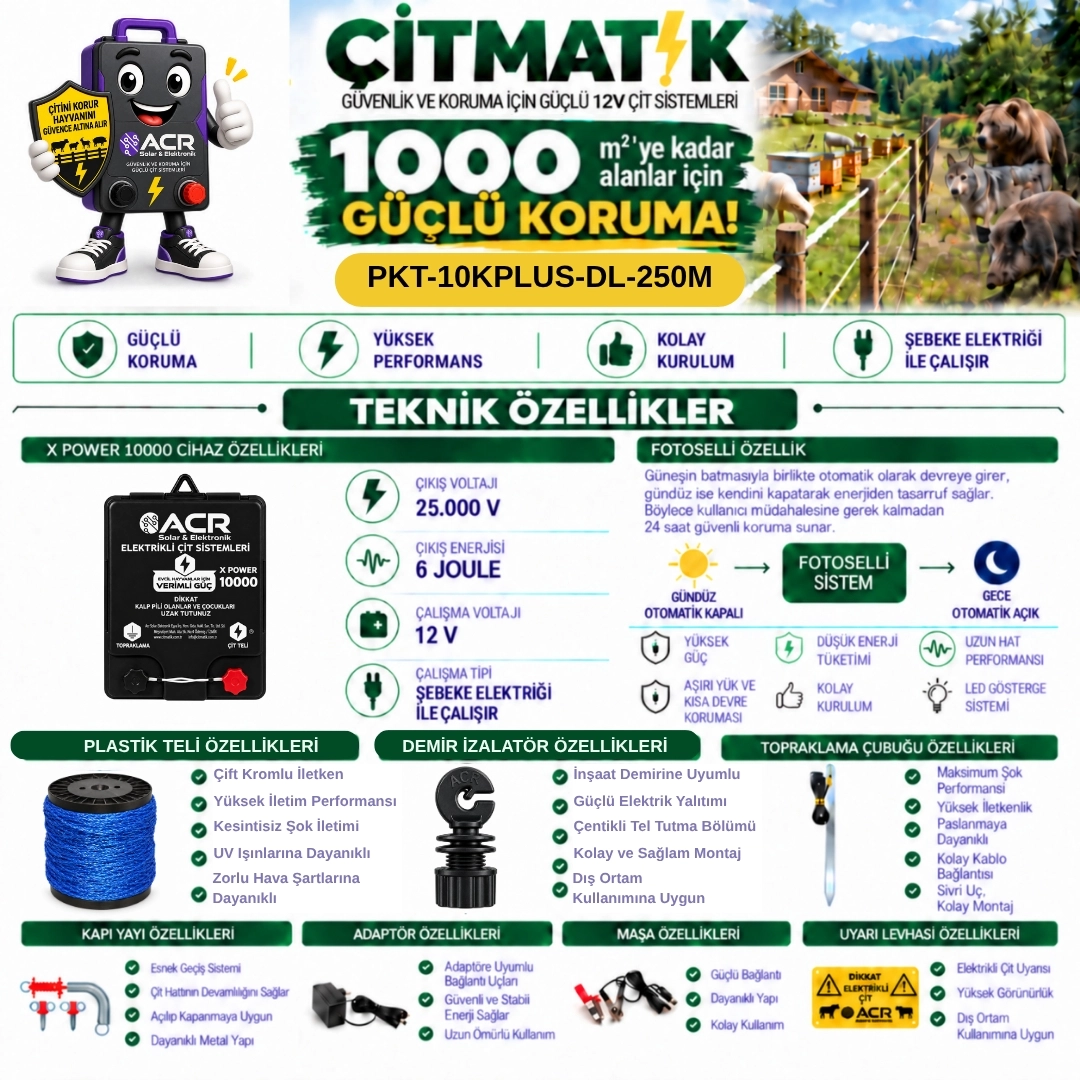 XPower 10KP | 1000 m² ye kadar elektrikli çit paketi | Demir İzolatörlü | Lüks Telli