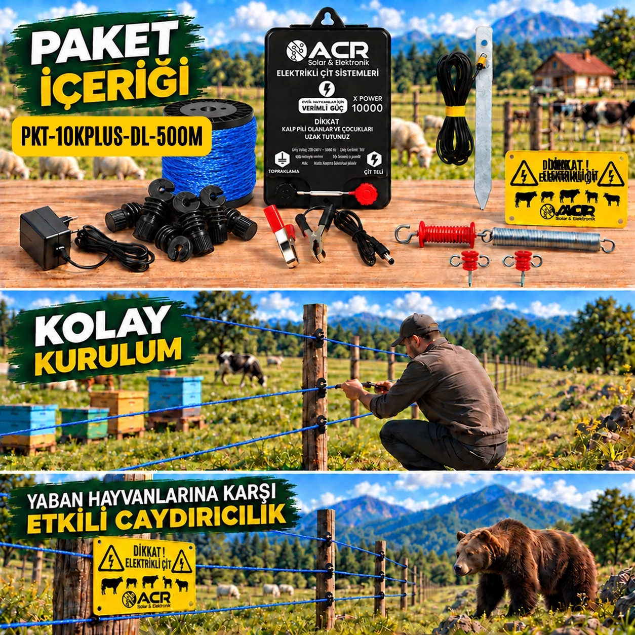 XPower 10KP | 4000 m² ye kadar elektrikli çit paketi | Demir İzolatörlü | Lüks Telli