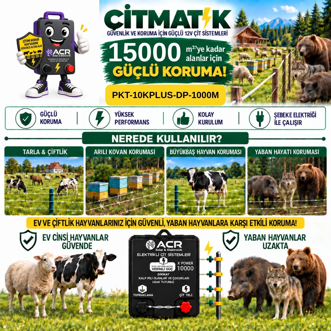 XPower 10KP | 15000 m² ye kadar elektrikli çit paketi | Demir İzolatörlü | PlastikTelli 