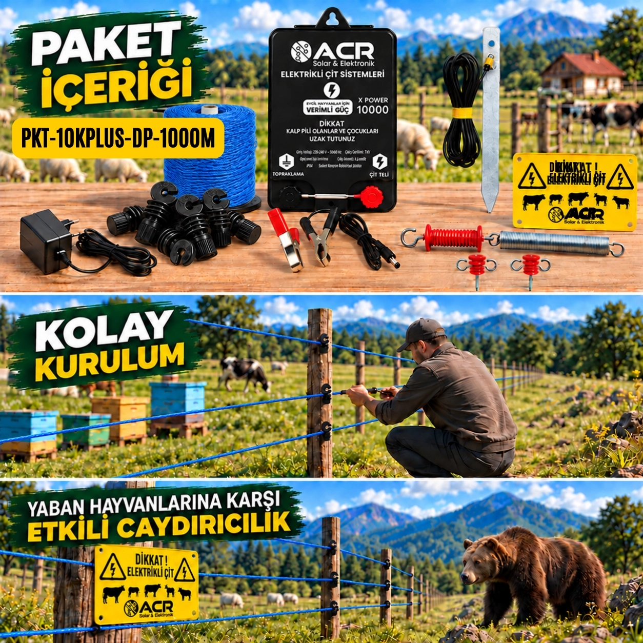 XPower 10KP | 15000 m² ye kadar elektrikli çit paketi | Demir İzolatörlü | PlastikTelli 