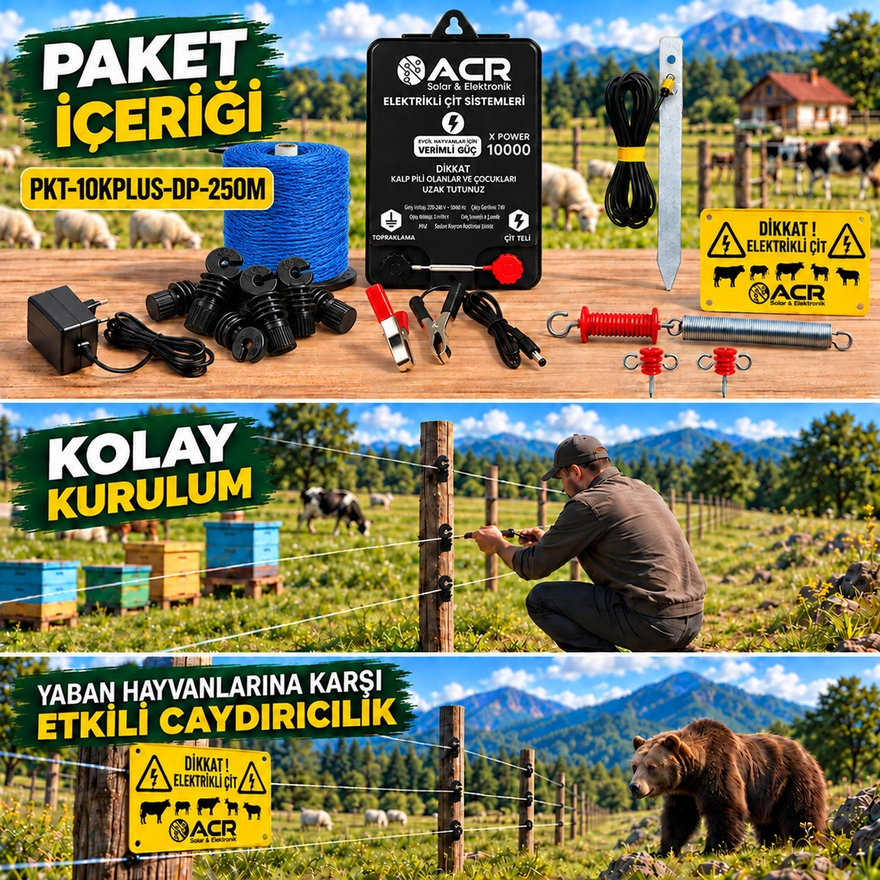 XPower 10KP | 1000 m² ye kadar elektrikli çit paketi | Demir İzolatörlü | PlastikTelli