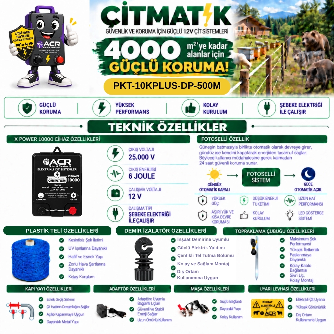 XPower 10KP | 4000 m² ye kadar elektrikli çit paketi | Demir İzolatörlü | PlastikTelli 