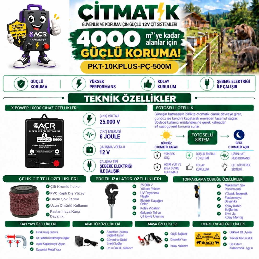 XPower 10KP | 4000 m² ye kadar elektrikli çit paketi | Profil İzolatörlü | Çelik Telli