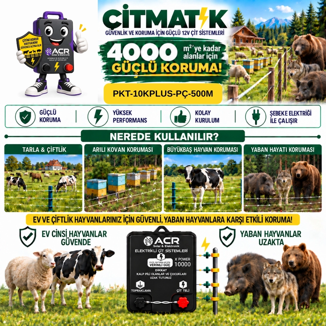 XPower 10KP | 4000 m² ye kadar elektrikli çit paketi | Profil İzolatörlü | Çelik Telli