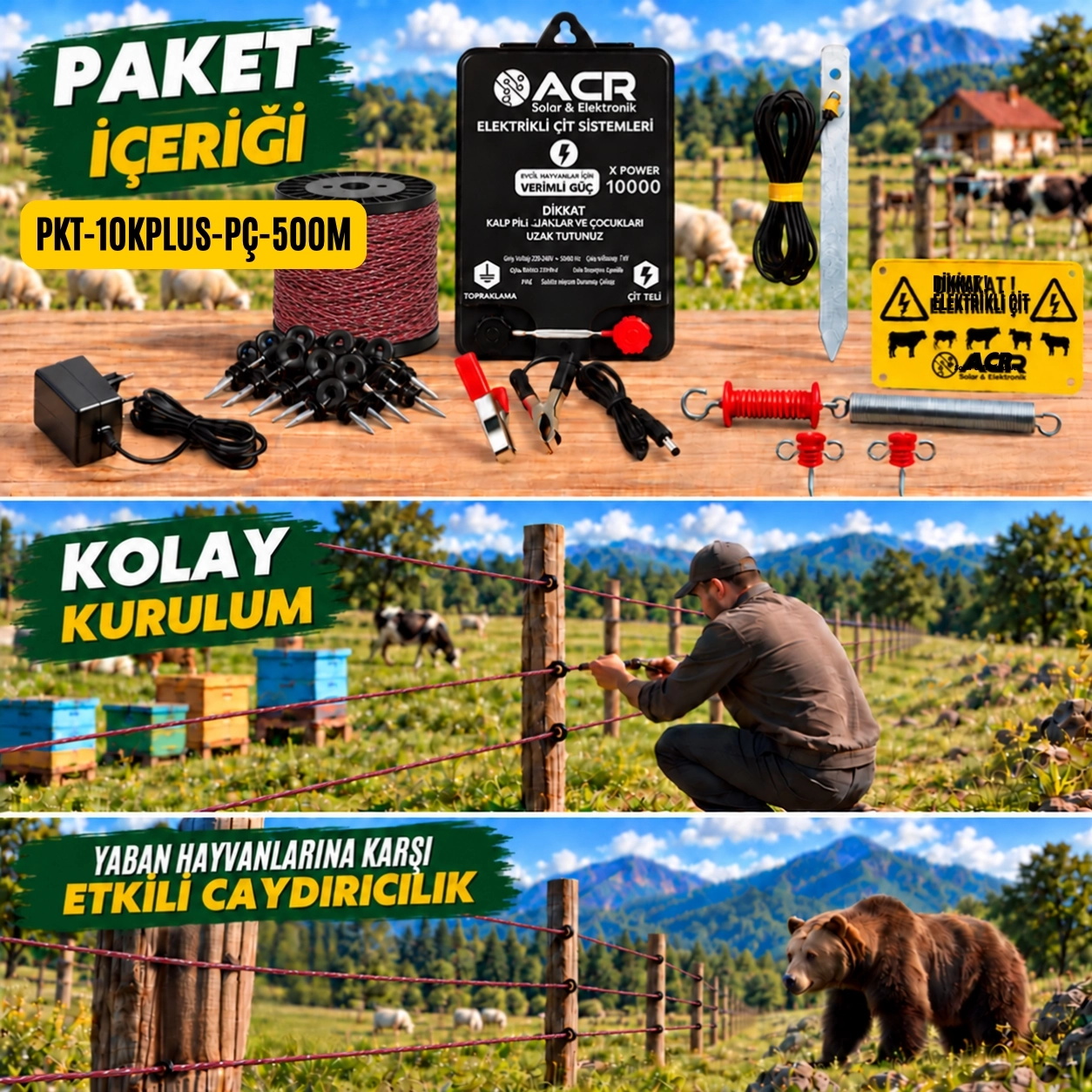 XPower 10KP | 4000 m² ye kadar elektrikli çit paketi | Profil İzolatörlü | Çelik Telli