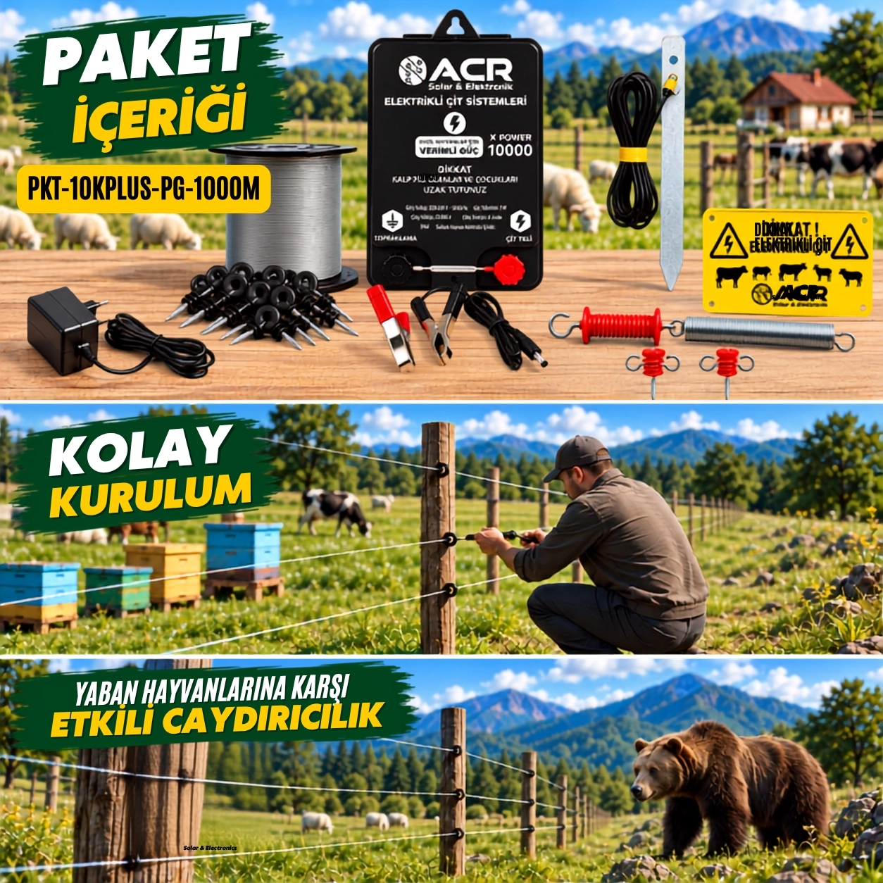XPower 10KP | 15000 m² ye kadar elektrikli çit paketi | Profil İzolatörlü | Galvaniz Telli