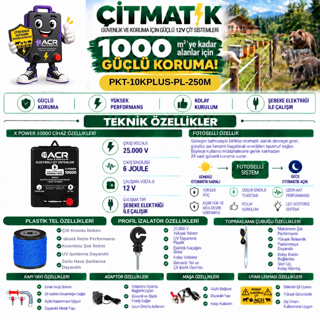 XPower 10KP | 1000 m² ye kadar elektrikli çit paketi | Profil İzolatörlü | Lüks Telli
