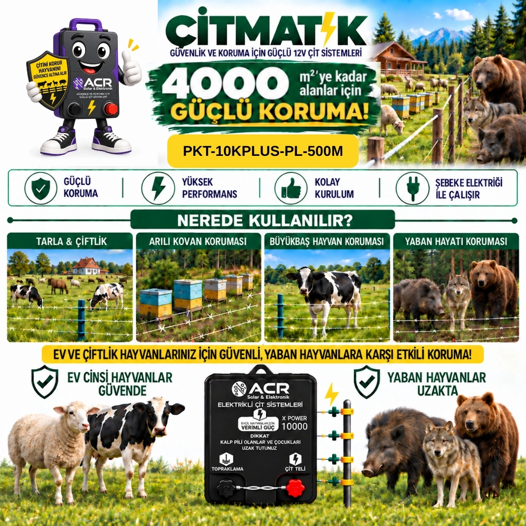 XPower 10KP | 4000 m² ye kadar elektrikli çit paketi | Profil İzolatörlü | Lüks Telli