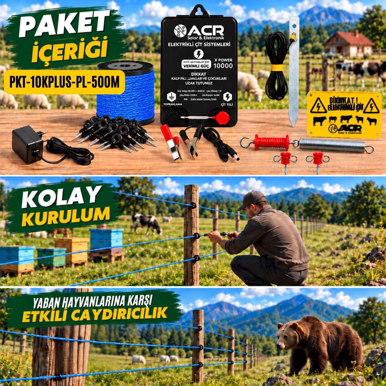 XPower 10KP | 4000 m² ye kadar elektrikli çit paketi | Profil İzolatörlü | Lüks Telli