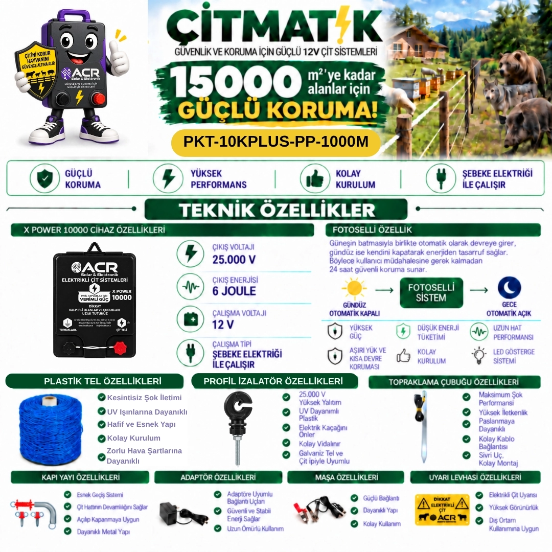 XPower 10KP | 15000 m² ye kadar elektrikli çit paketi | Profil İzolatörlü | PlastikTelli