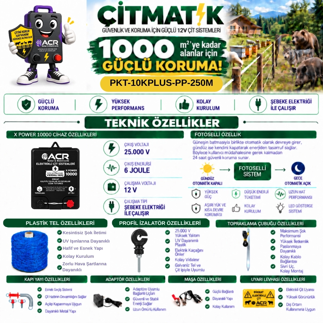 XPower 10KP | 1000 m² ye kadar elektrikli çit paketi | Profil İzolatörlü | PlastikTelli