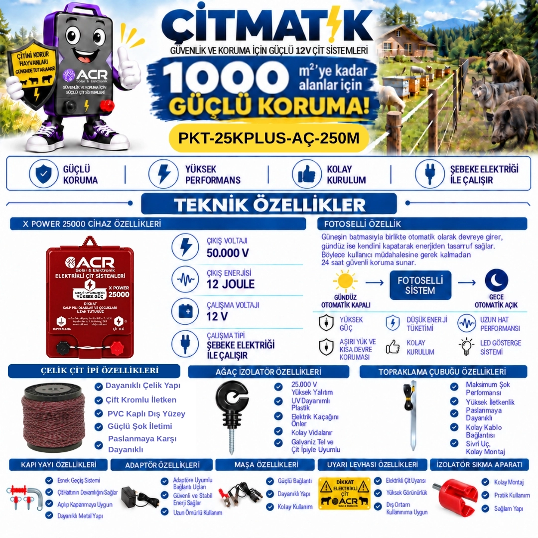 XPower 25KP | 1000 m² ye kadar elektrikli çit paketi | Ağaç İzolatörlü | Çelik Telli