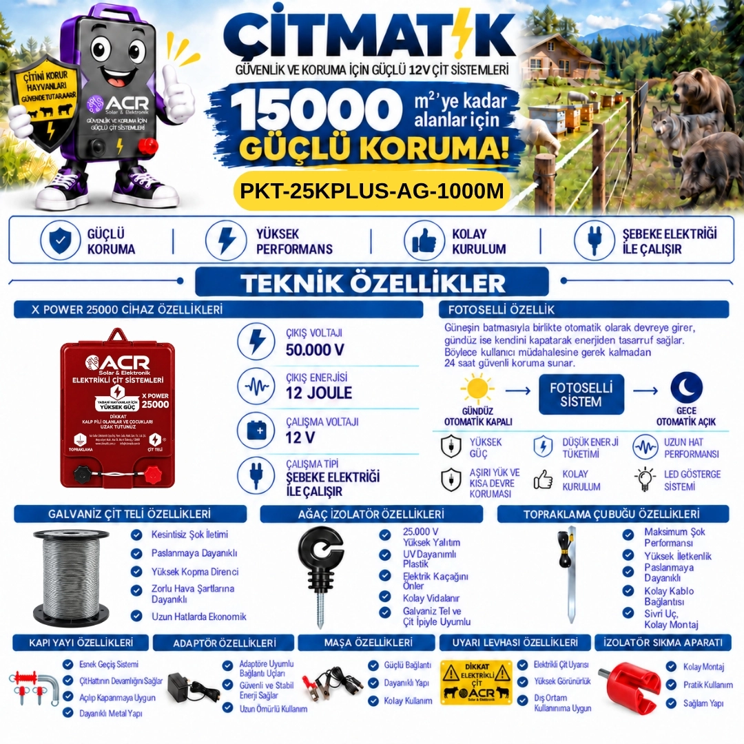 XPower 25KP | 15000 m² ye kadar elektrikli çit paketi | Ağaç İzolatörlü | Galvaniz Telli