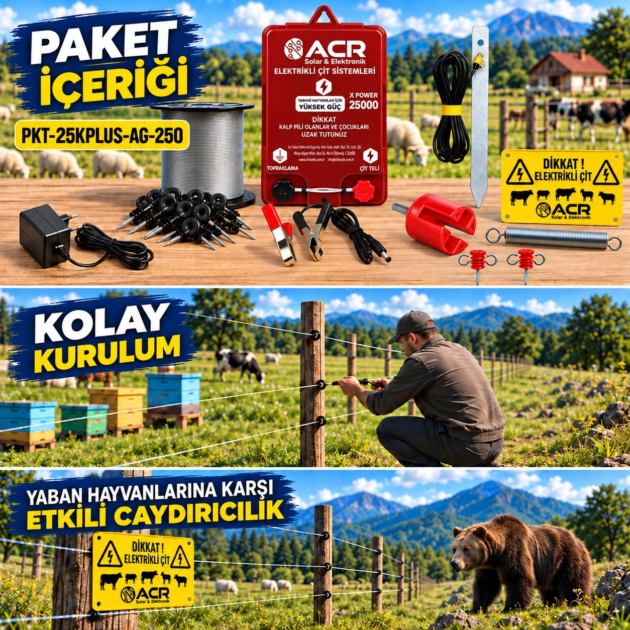 XPower 25KP | 1000 m² ye kadar elektrikli çit paketi | Ağaç İzolatörlü | Galvaniz Telli