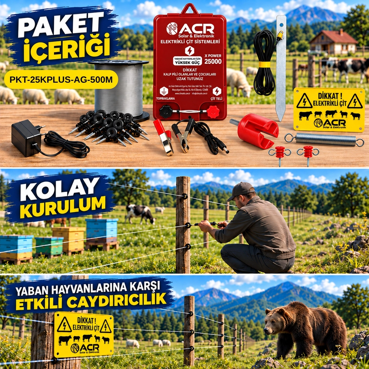 XPower 25KP | 4000 m² ye kadar elektrikli çit paketi | Ağaç İzolatörlü | Galvaniz Telli