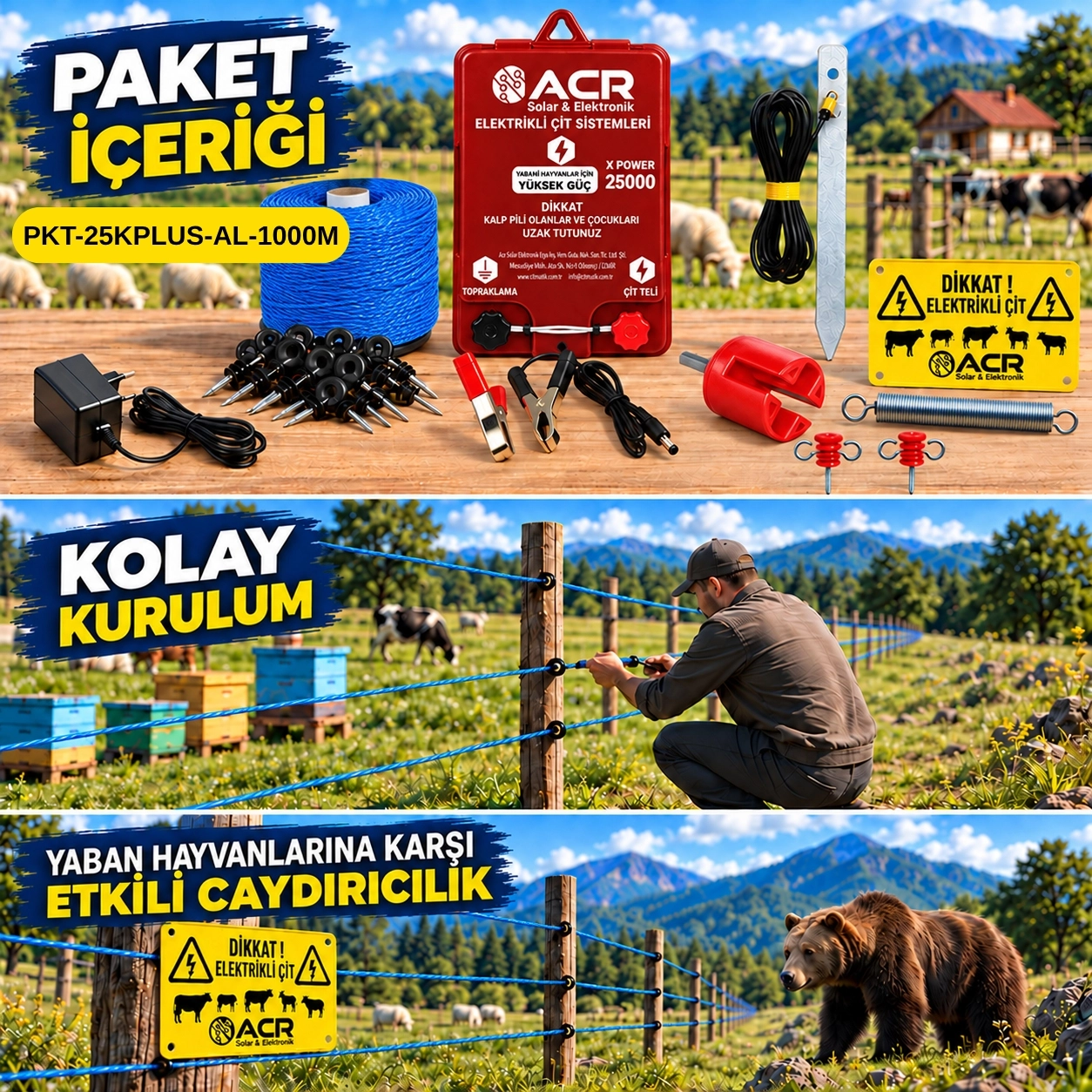 XPower 25KP | 15000 m² ye kadar elektrikli çit paketi | Ağaç İzolatörlü | Lüks Telli